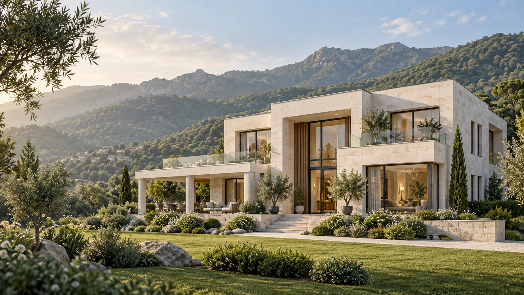 Architectural concept of a contemporary villa beside green foothills